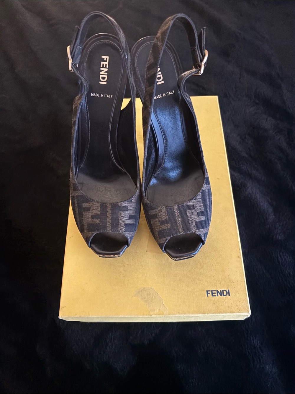 Fendi Vintage FF Monogram Peep Toe Slingback Heels w/ Box